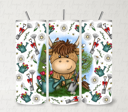 Cute highland cow gardening 20oz skinny tumbler – highland cow gardener gift, insulated stainless steel with straw
