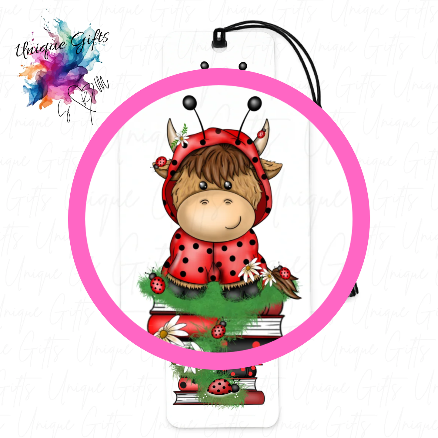 Highland cow ladybird bookmark close up – cute ladybird design, personalised book lover gift
