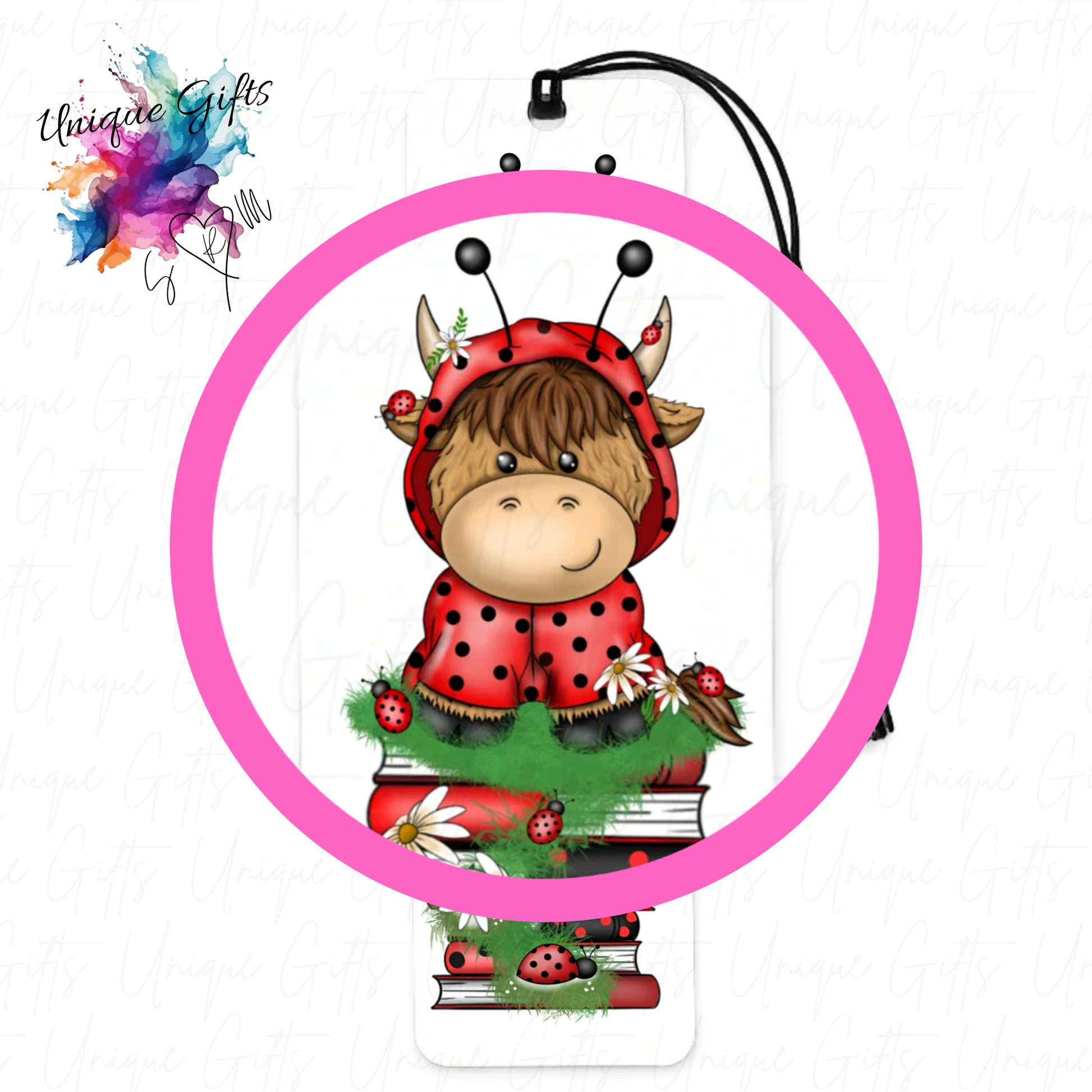 Highland cow ladybird bookmark close up – cute ladybird design, personalised book lover gift