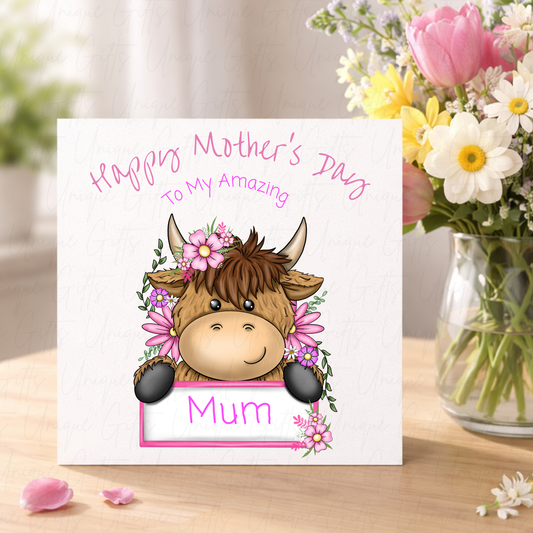 Personalised Mother's Day Card – Highland Cow Pink Flowers MUM Sign – Lifestyle Shot
