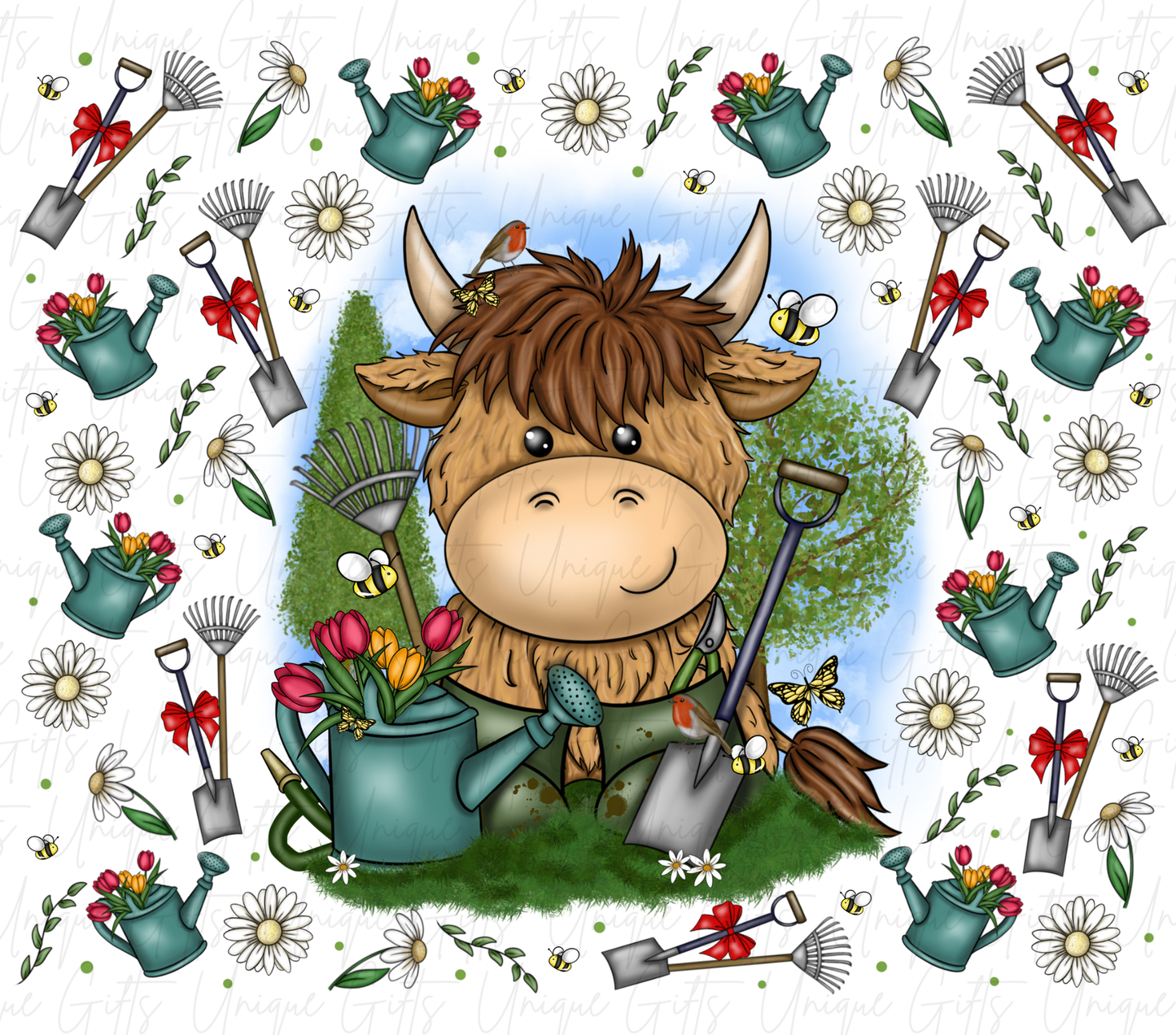 Highland cow gardening tumbler close up – funny cow with plants design, personalised gardener gift