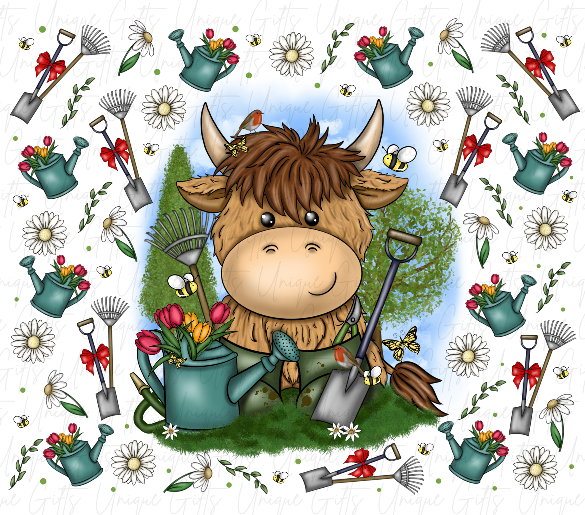 Highland cow gardening tumbler close up – funny cow with plants design, personalised gardener gift