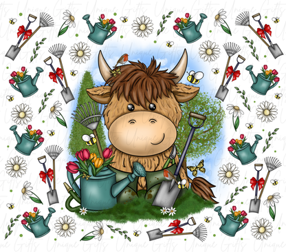 Highland cow gardening tumbler close up – funny cow with plants design, personalised gardener gift