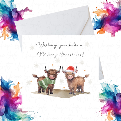 Christmas Card to You Both – Pair of Highland Cows Design, Handmade Personalised Holiday Greeting Card