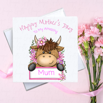 Personalised Mother's Day Card – Highland Cow Pink Flowers MUM Sign – With Envelope