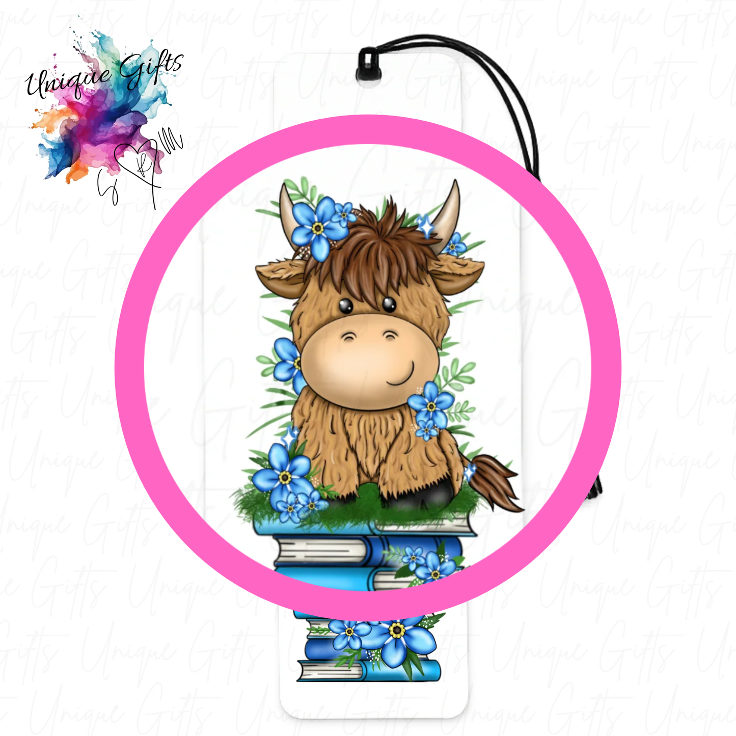 Highland cow blue flowers bookmark close up – elegant floral design, personalised cow gift