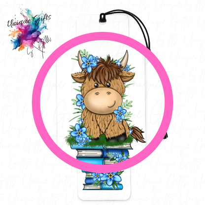 Highland cow blue flowers bookmark close up – elegant floral design, personalised cow gift
