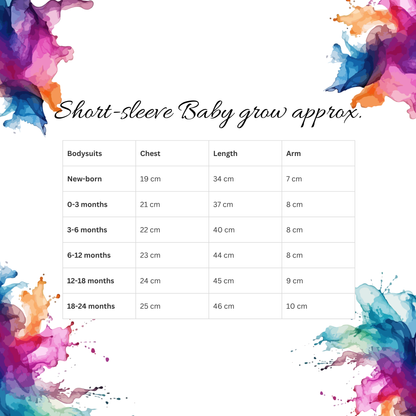 Short-sleeve baby grow size guide – chest, length and arm measurements from newborn to 18-24 months