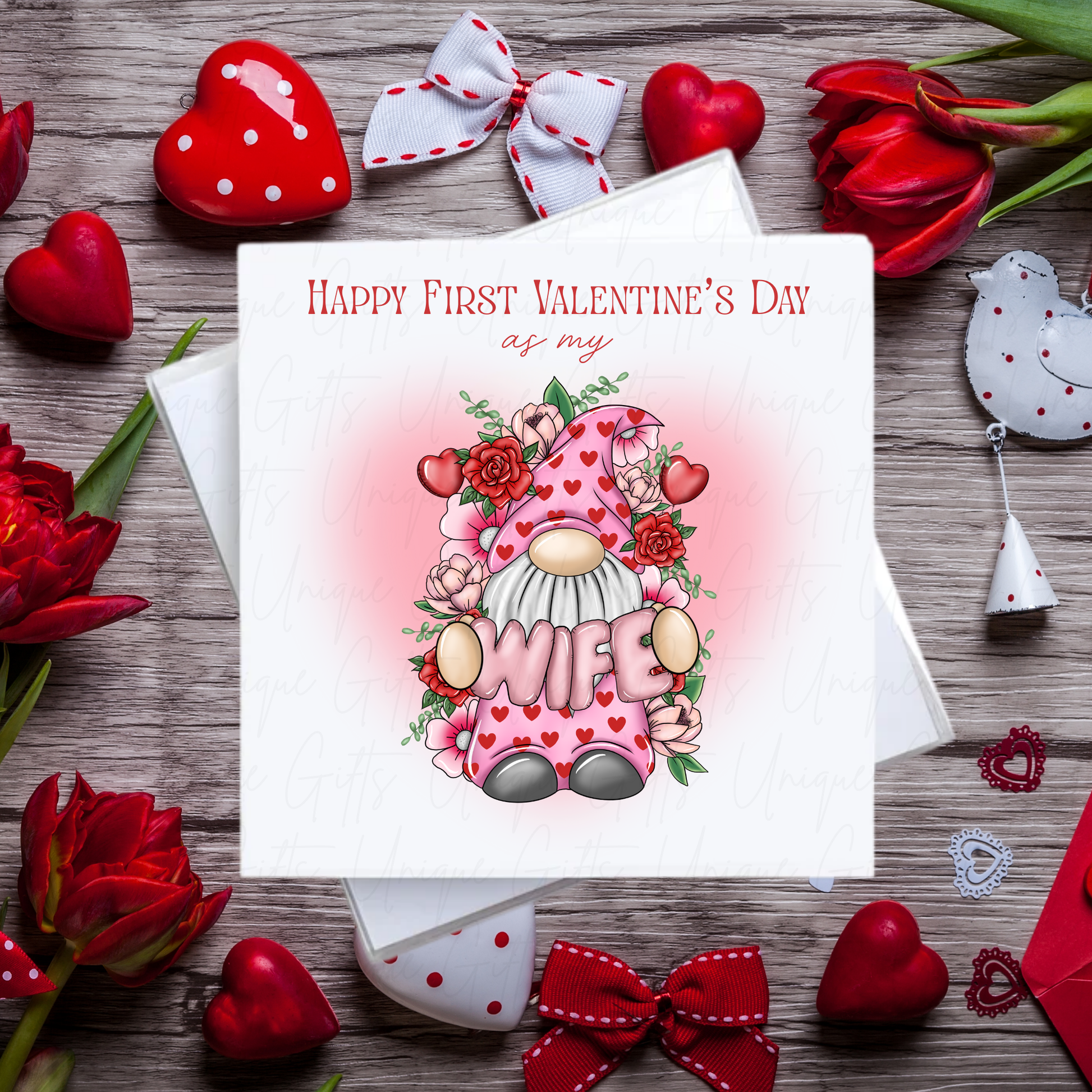 Gnome Wife Happy First Valentine's Day Card – Handmade Square Card