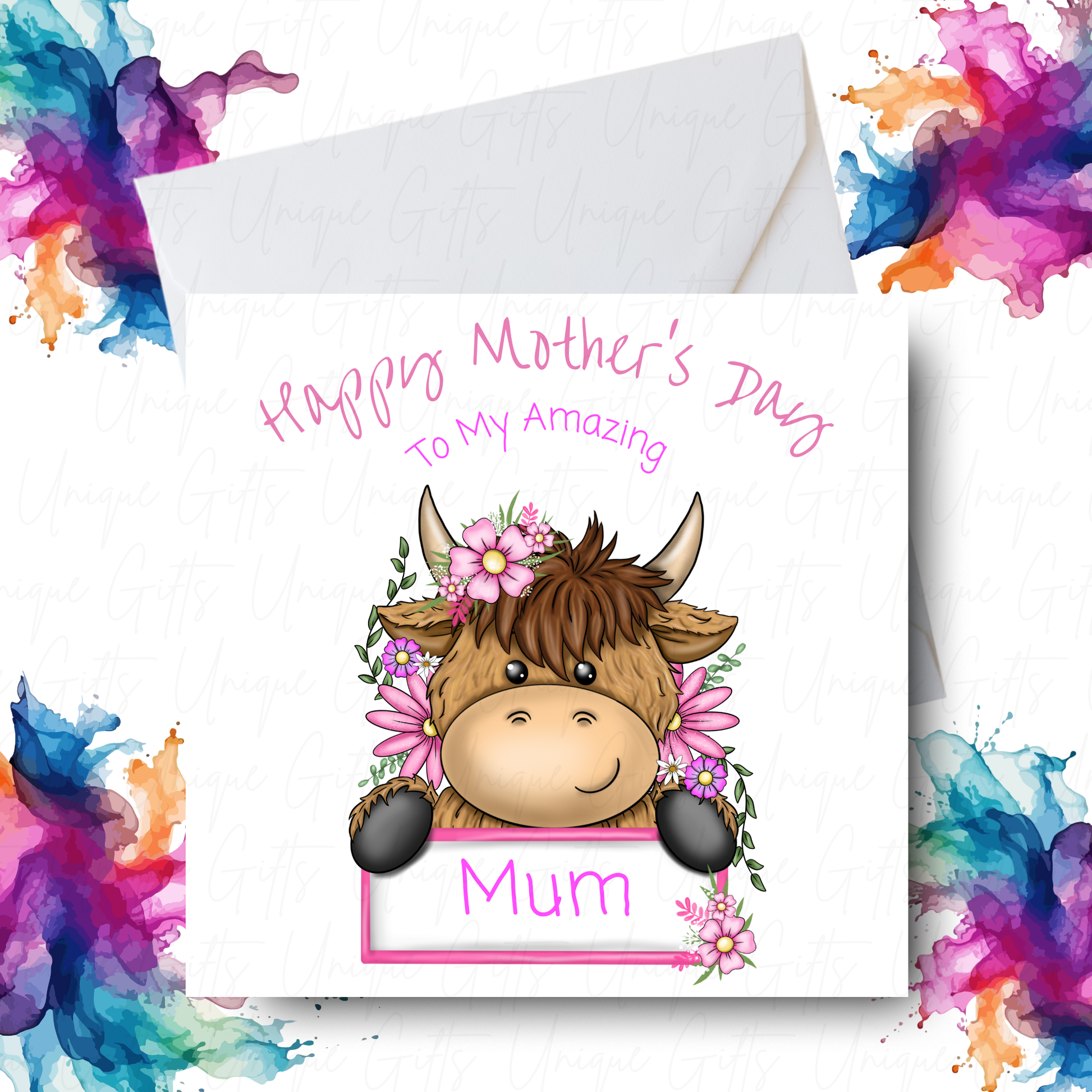 Highland Cow Pink Flowers MUM Sign Mother's Day Card Design – Unique Gifts