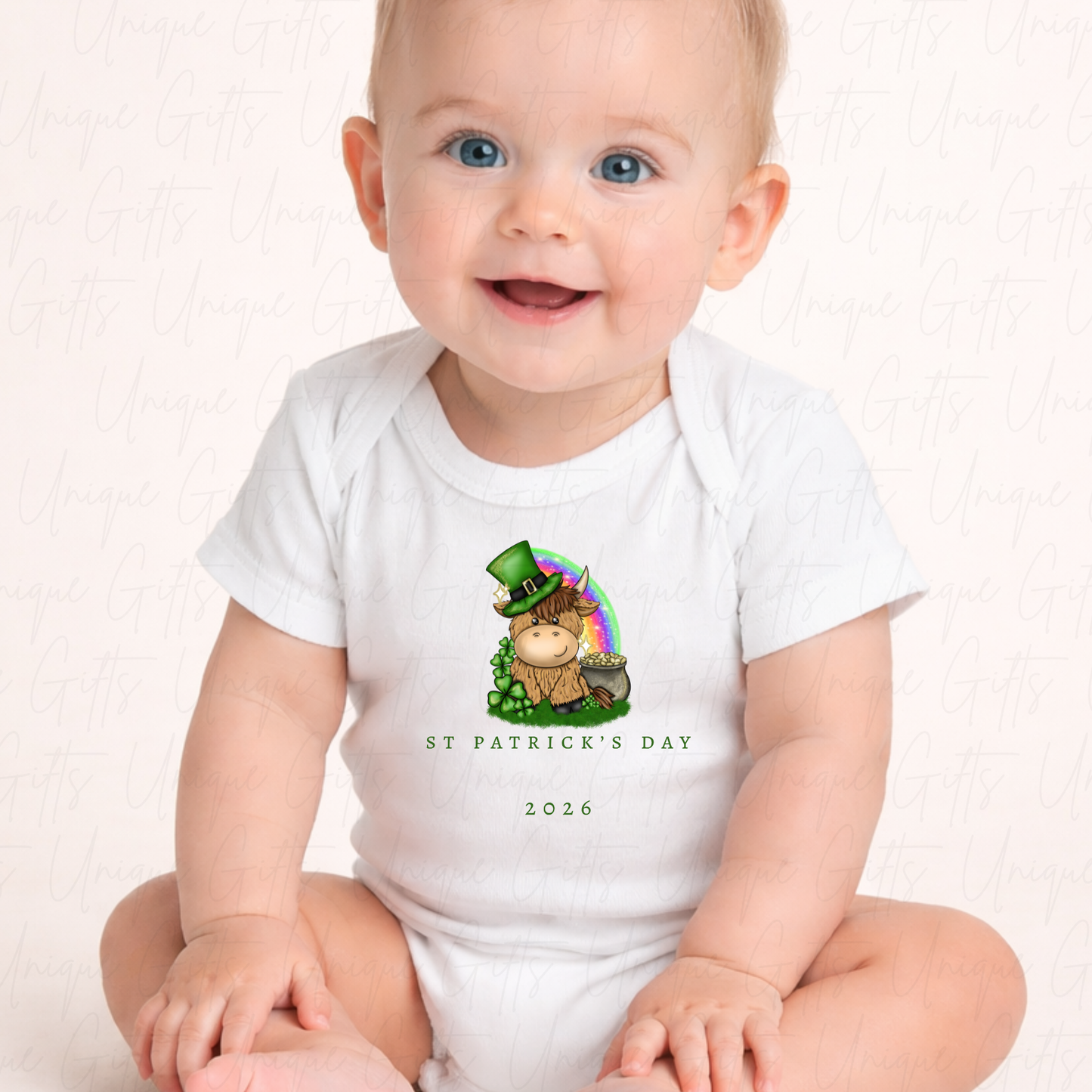 St Patrick's Day Highland Cow Baby Grow | Unique Gifts