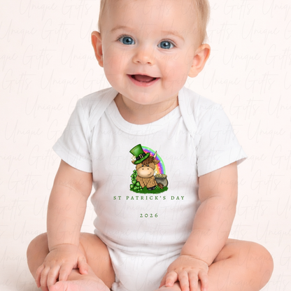 St Patrick's Day Highland Cow Baby Grow | Unique Gifts