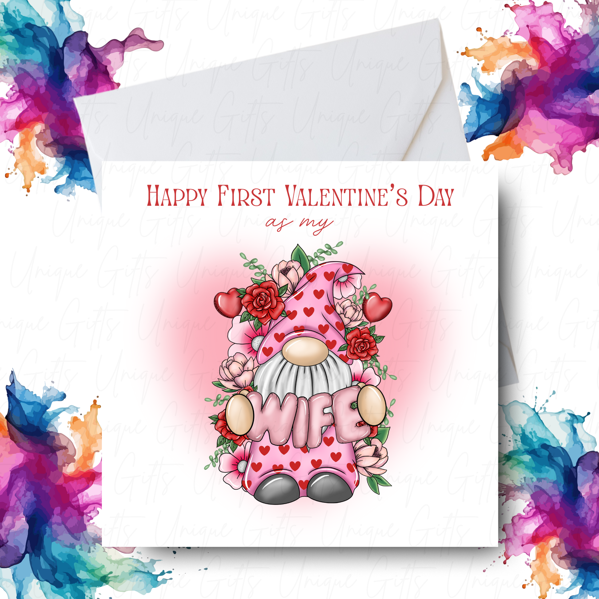 Gnome Wife Happy First Valentine's Day Card – Handmade Square Card