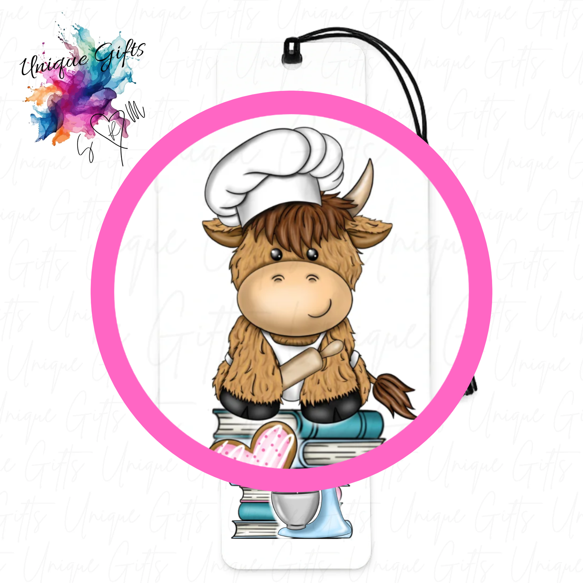 Highland cow baker bookmark close up – adorable baking design, personalised gift for bakers