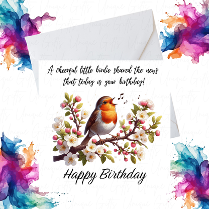 Happy Birthday Card – Handmade Robin Singing Design, Elegant Bird Theme
