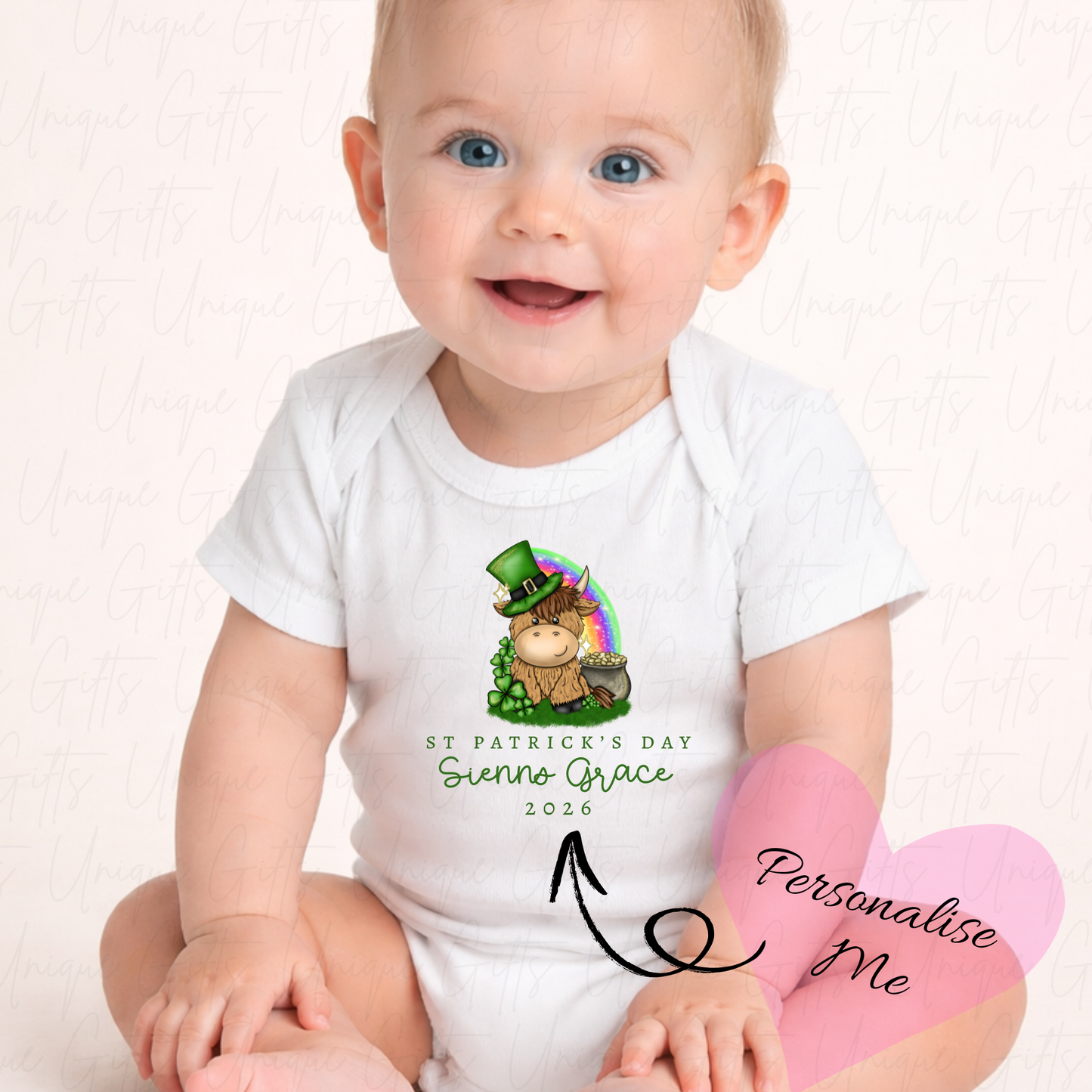 St Patrick's Day Highland Cow Baby Grow | Unique Gifts