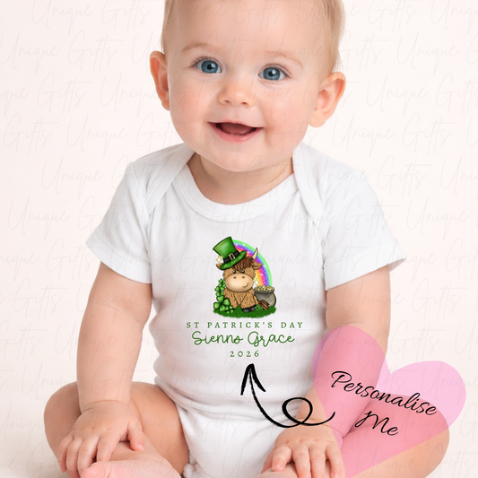 St Patrick's Day Highland Cow Baby Grow | Unique Gifts