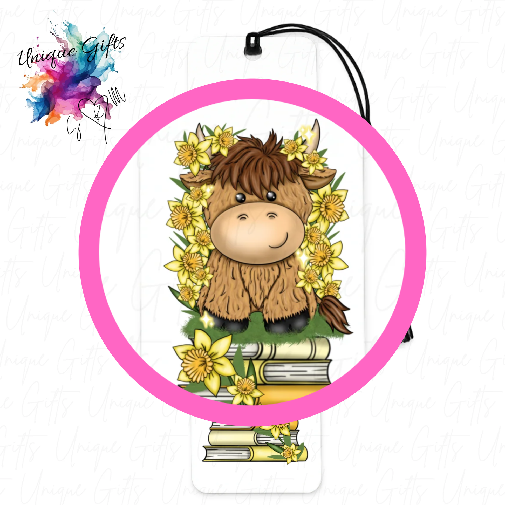 Highland cow daffodils bookmark close up – spring floral design, personalised cow gift