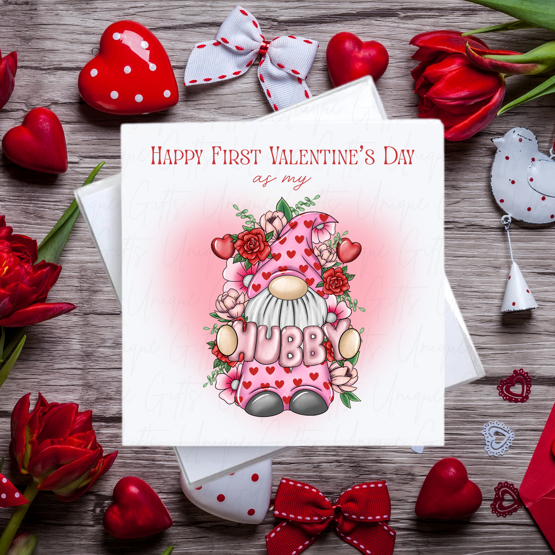 Gnome Hubby Happy First Valentine's Day Card – Handmade Square Card