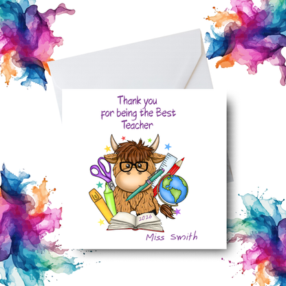 Best Teacher Card – Highland Cow with Glasses