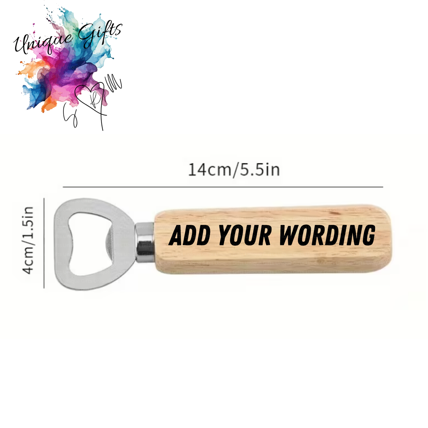Wooden bottle opener with text 'Add Your Wording' and dimensions on a white background.