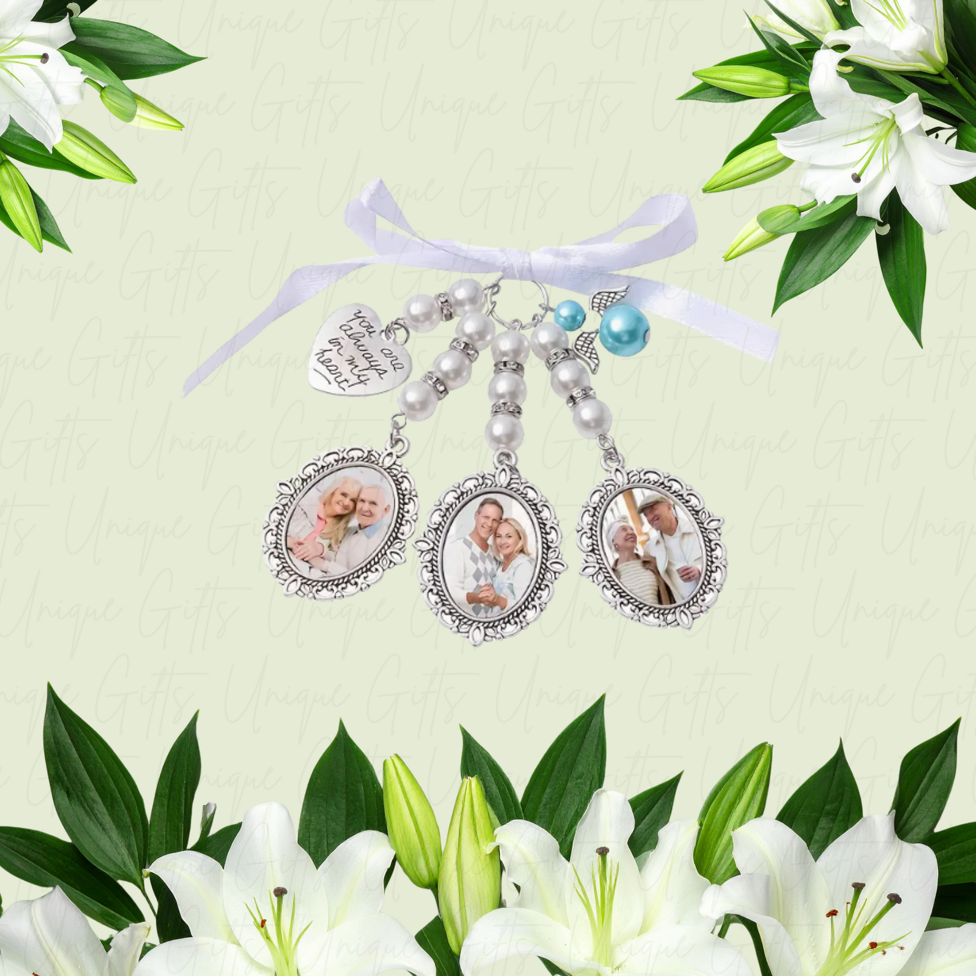 Memorial Pearl Bouquet Charm with Custom Photo – 1, 2 or 3 Pendants Available – Unique Gifts