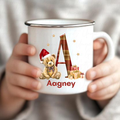 12oz Personalised Enamel Mug with Silver Rim – Christmas Bear with Initial | Add Name