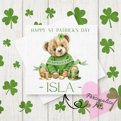 Personalised St Patrick's Day girl bear card – handmade personalised 6x6 inch Irish greeting card