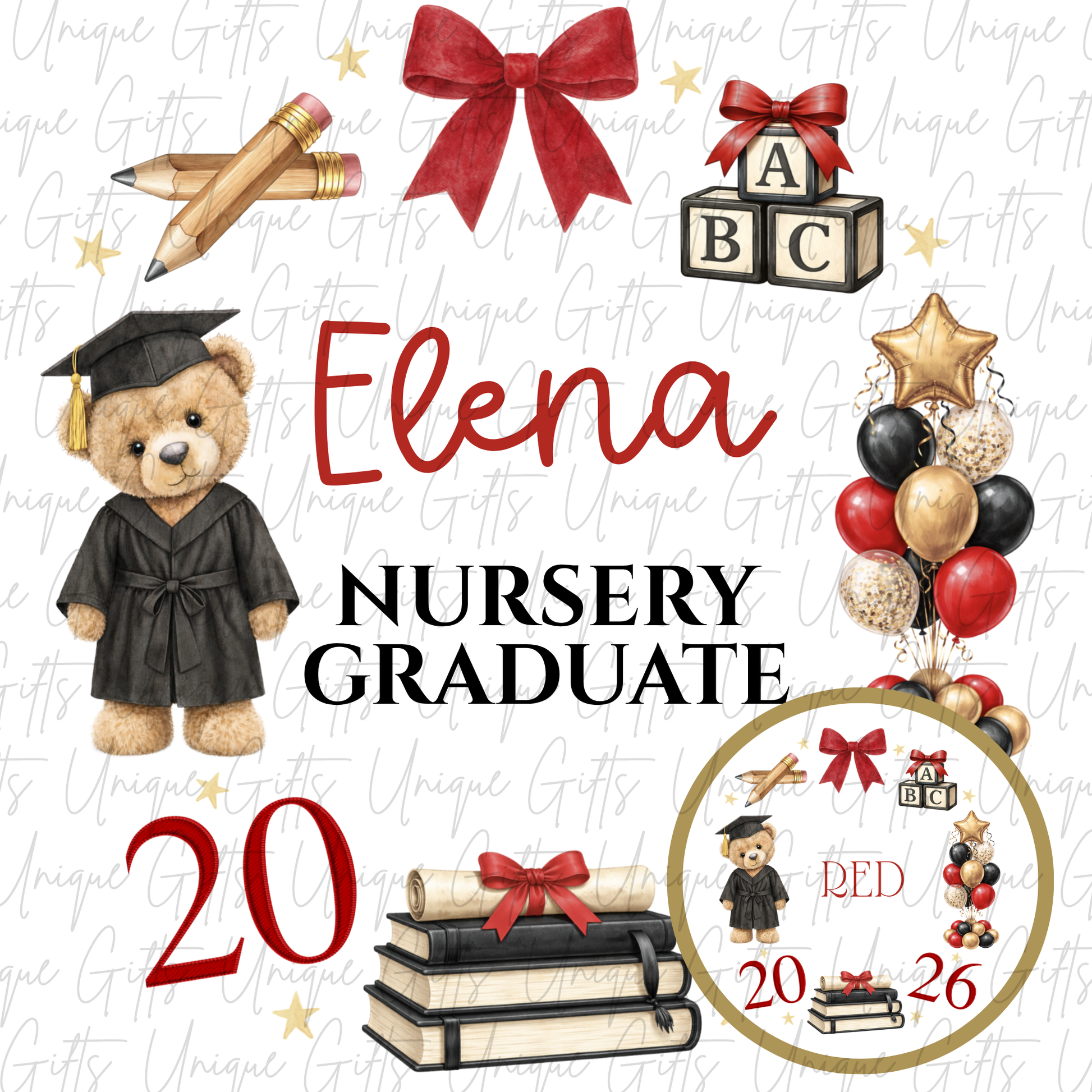 Nursery graduate 2026 card with bear and ABC blocks design with red personalised name | Unique Gifts