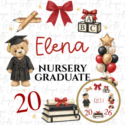 Nursery graduate 2026 card with bear and ABC blocks design with red personalised name | Unique Gifts