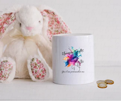 Personalised Ceramic Money Box – White 11oz Cylinder | Custom Piggy Bank with Image or Text & Removable Base