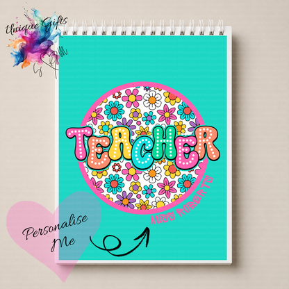 Personalised Teacher Notebook – Teal Floral Design