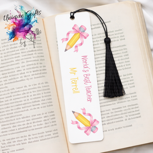 Personalised Teacher Bookmark – Pink Bow & Pencil Design