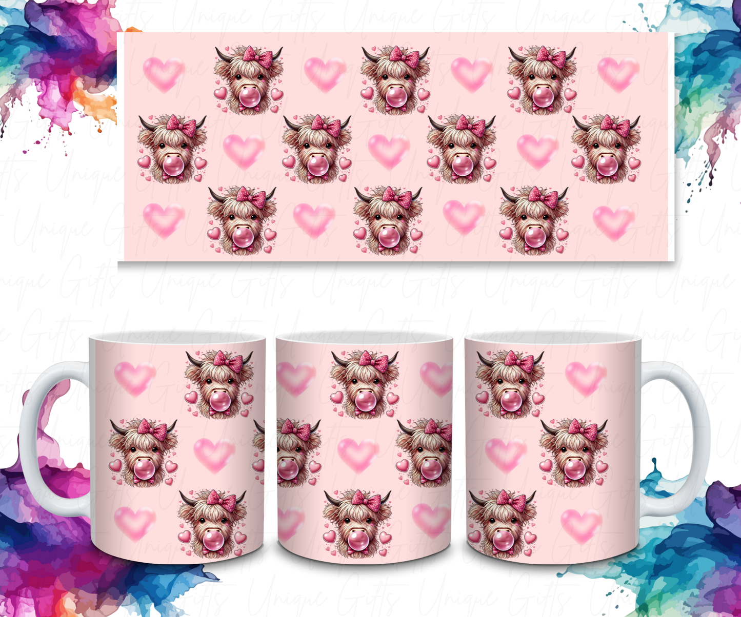 Coffee Mug Featuring A Highland Cow and Pink Hearts.