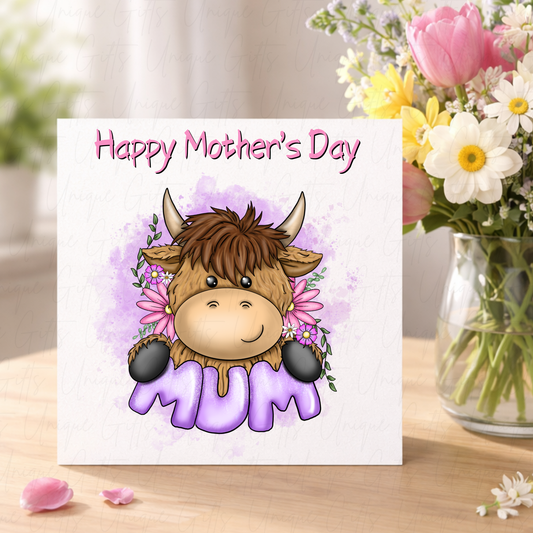 Personalised Mother's Day Card – Highland Cow Holding MUM – Lifestyle Shot