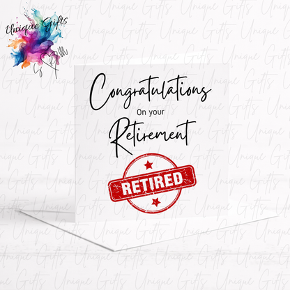 Congratulations on Your Retirement card with colourful paint splash design and red RETIRED stamp | Unique Gifts