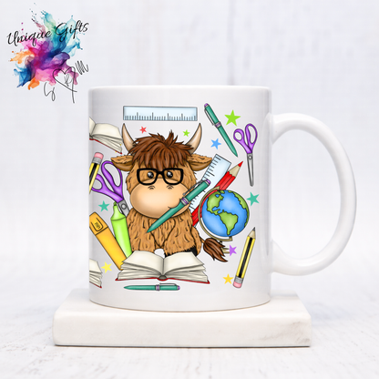 Teacher Highland Cow Mug – Glasses & Stationery Design