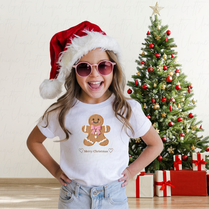 Personalised Gingerbread with Pink Bow Christmas T-Shirt for Kids – Custom Name Baby & Toddler Tee | Soft Cotton Blend