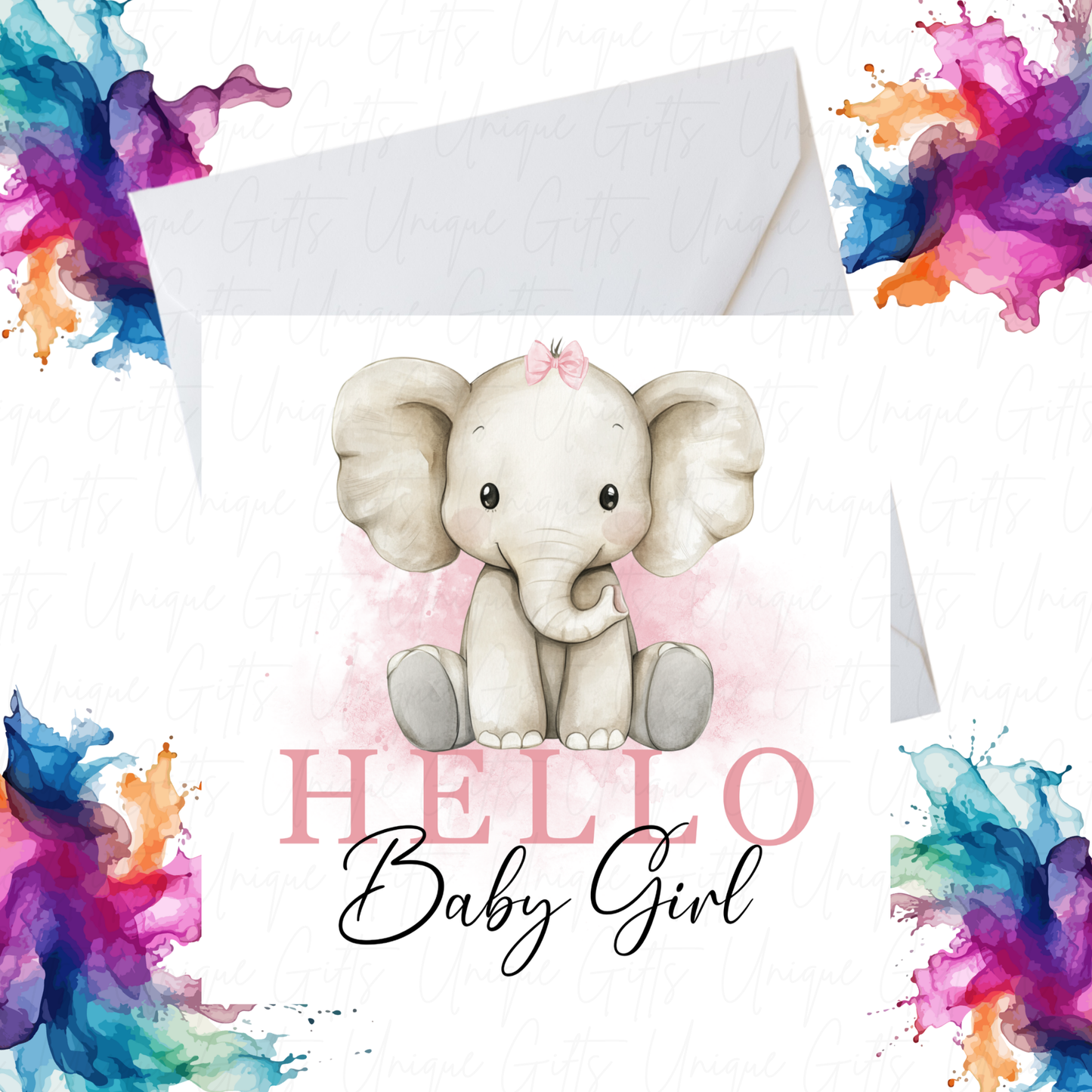 Welcome Baby Girl Card – “Hello Baby Girl” Cute Elephant Design, Handmade