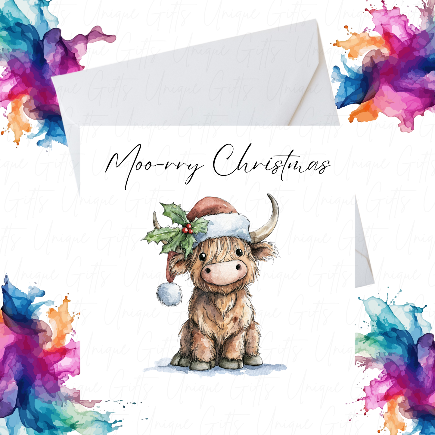 Highland Cow Merry Christmas Card – Handmade Personalised Holiday Greeting Card