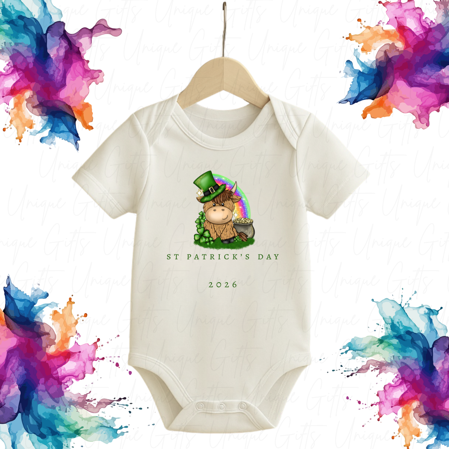 St Patrick's Day Highland Cow Baby Grow | Unique Gifts