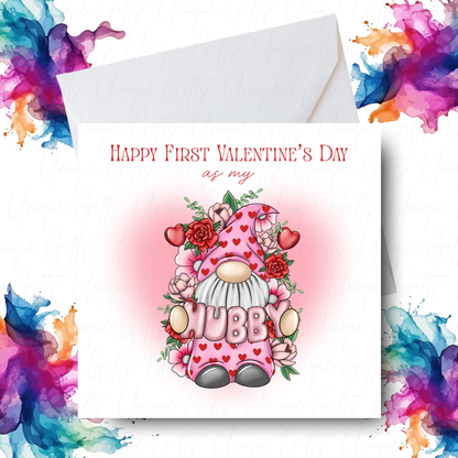 Gnome Hubby Happy First Valentine's Day Card – Handmade Square Card
