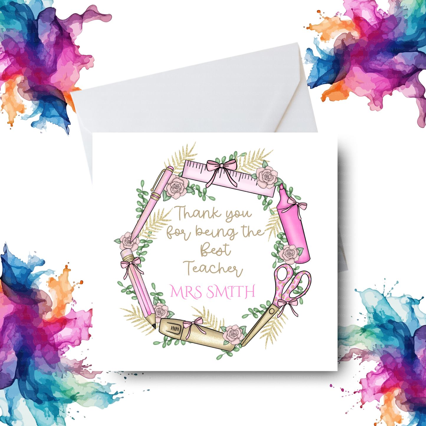Best Teacher Card – Stationery Wreath