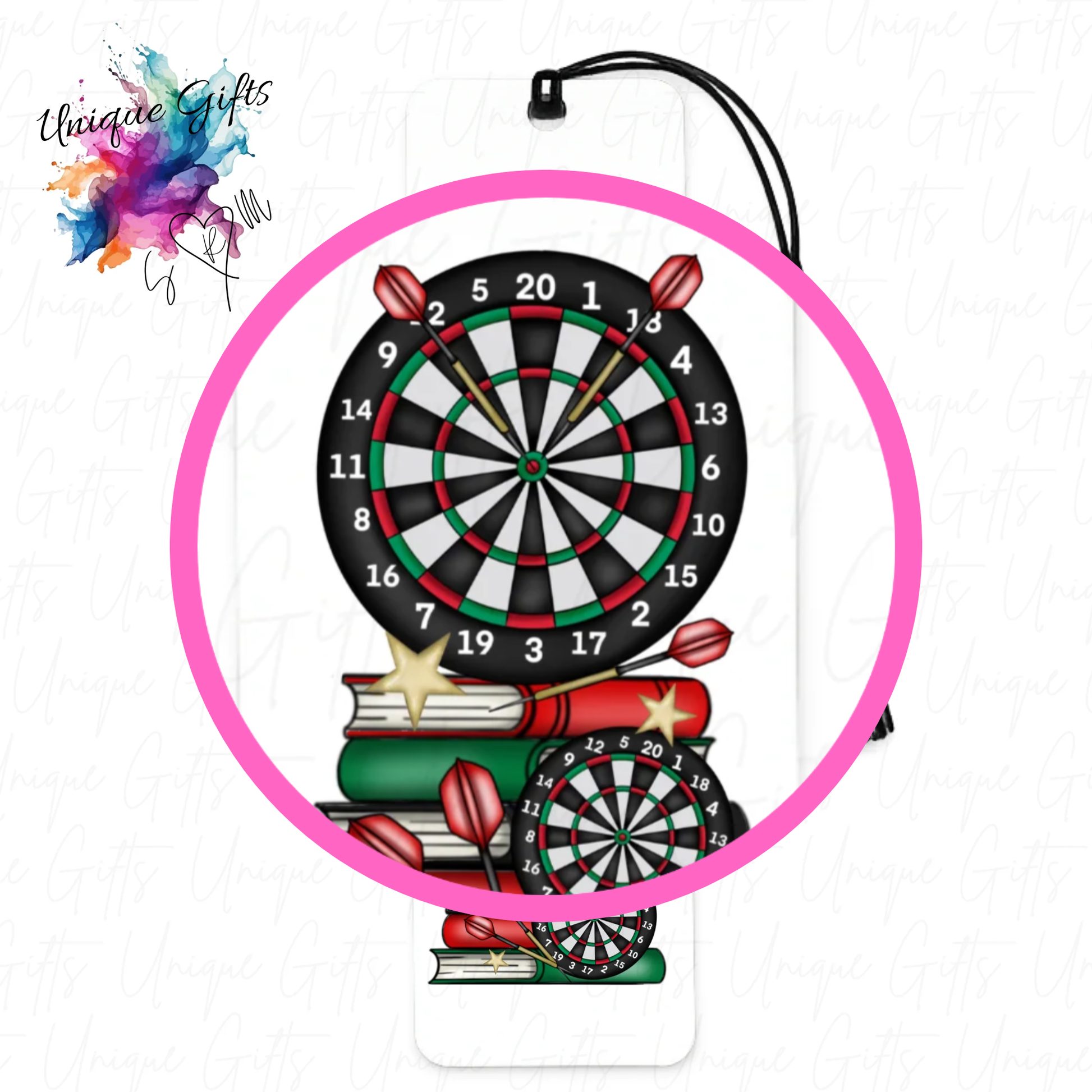 Darts board bookmark close up – vibrant book stack, personalised gift for darts fans