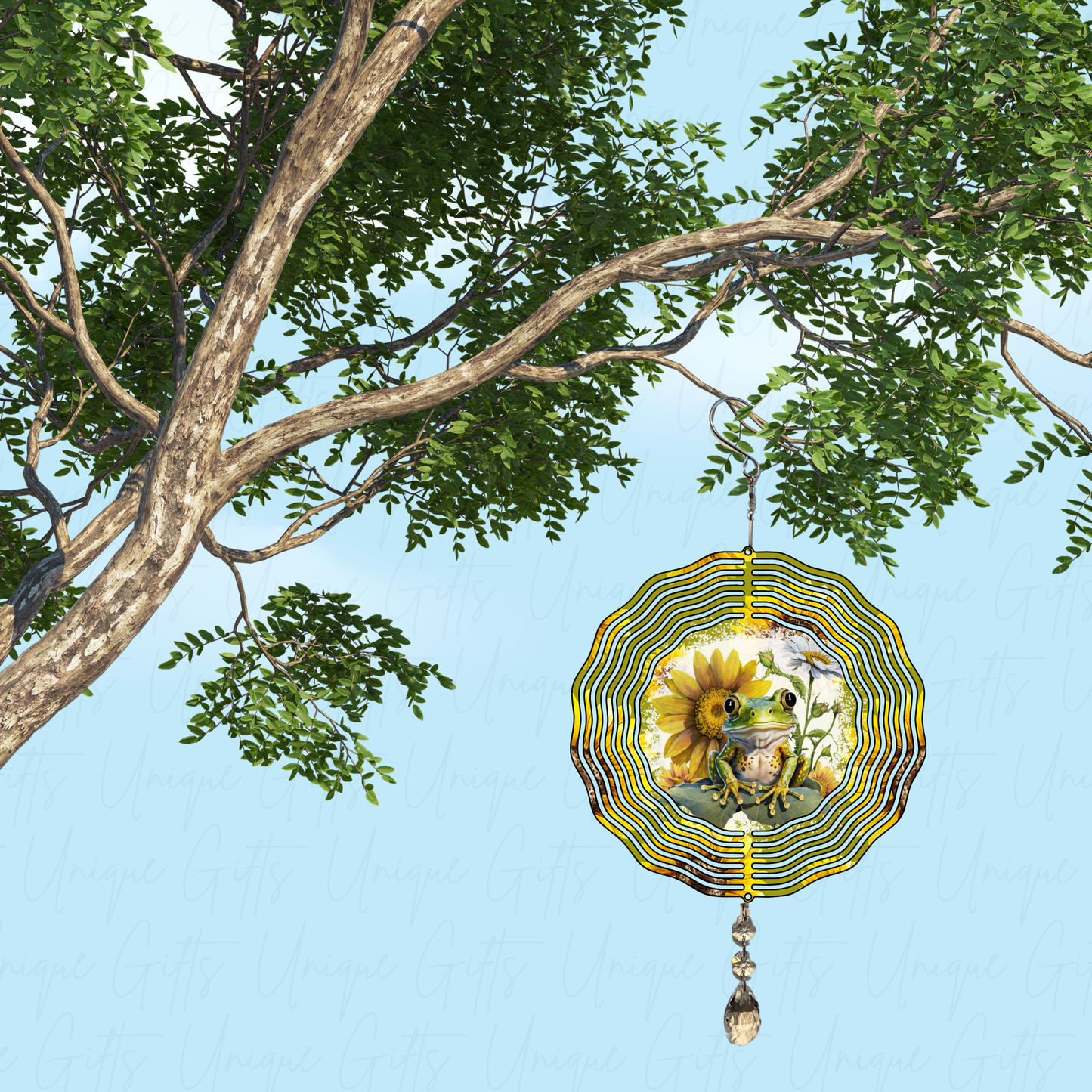 Wind Spinner Cute Frog with Sunflowers Design.