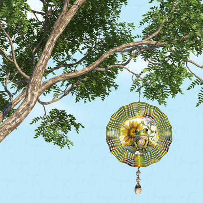 Wind Spinner Cute Frog with Sunflowers Design.