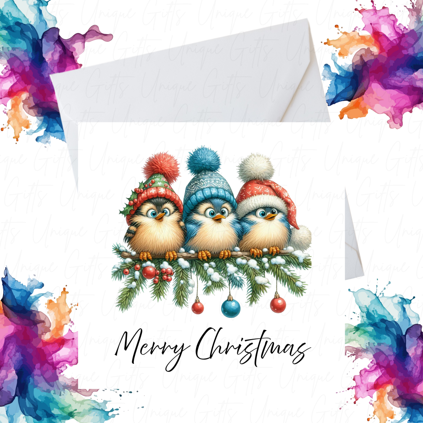 Christmas Card – Birds in Hats Design, Handmade Personalised Holiday Greeting Card