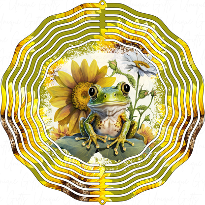 Wind Spinner Cute Frog with Sunflowers Design.