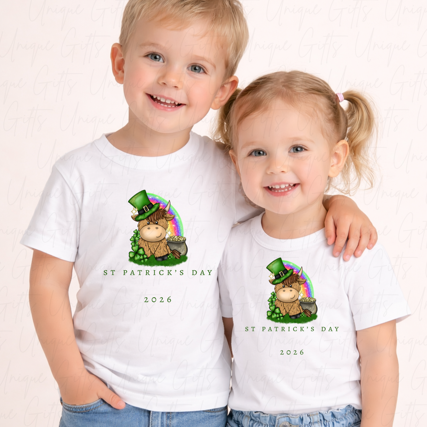 Personalised St Patrick's Day highland cow children's t-shirt – custom name kids tee, sizes 6 months to 5-6 years