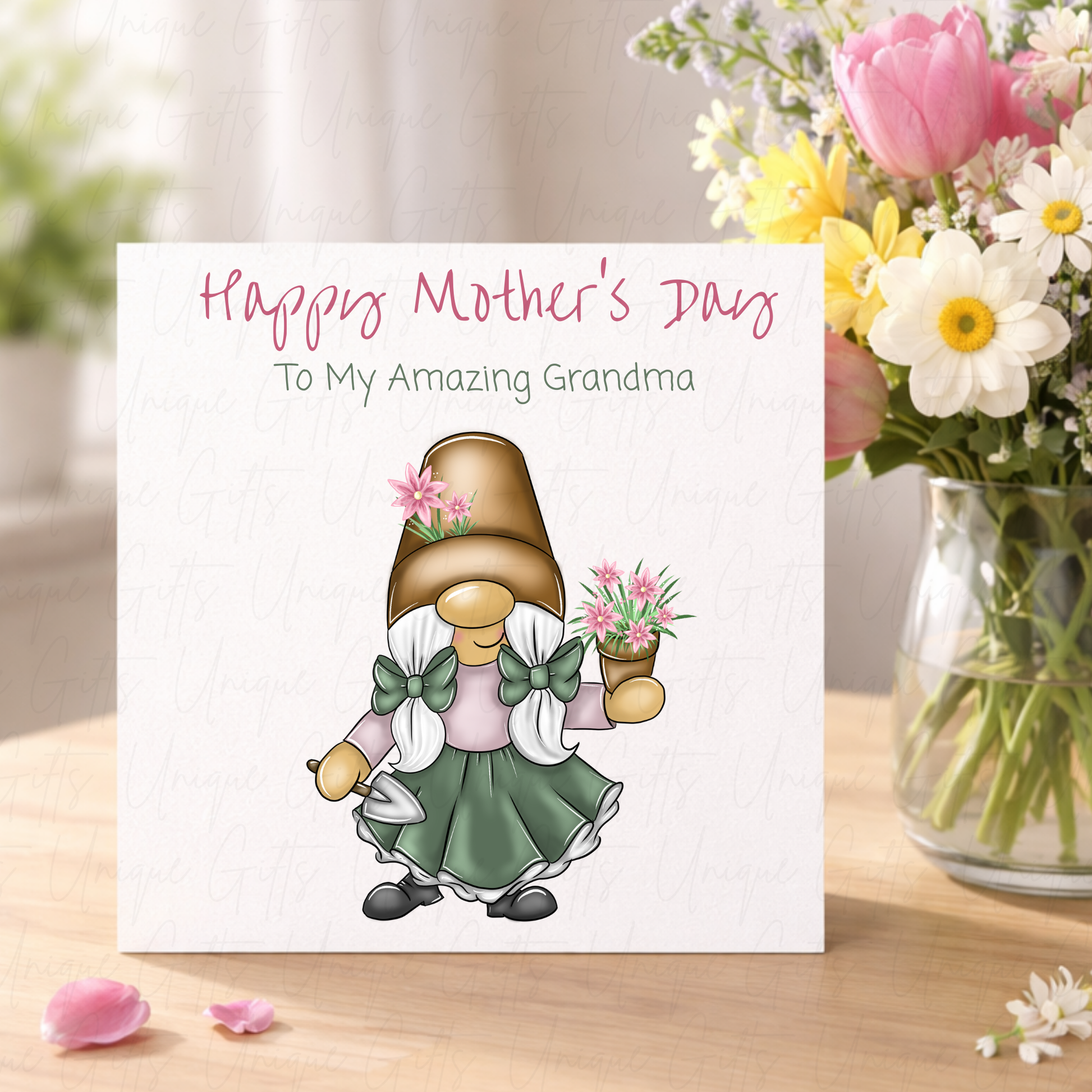 Personalised Mother's Day Card – Gardening Grandma Gonk – Lifestyle Shot